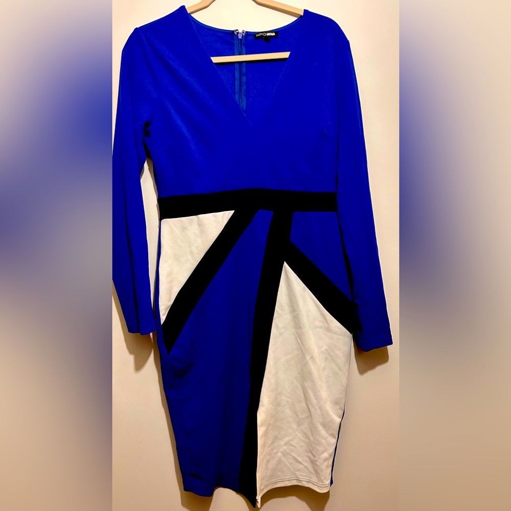 Royal blue, white, and black color block dress